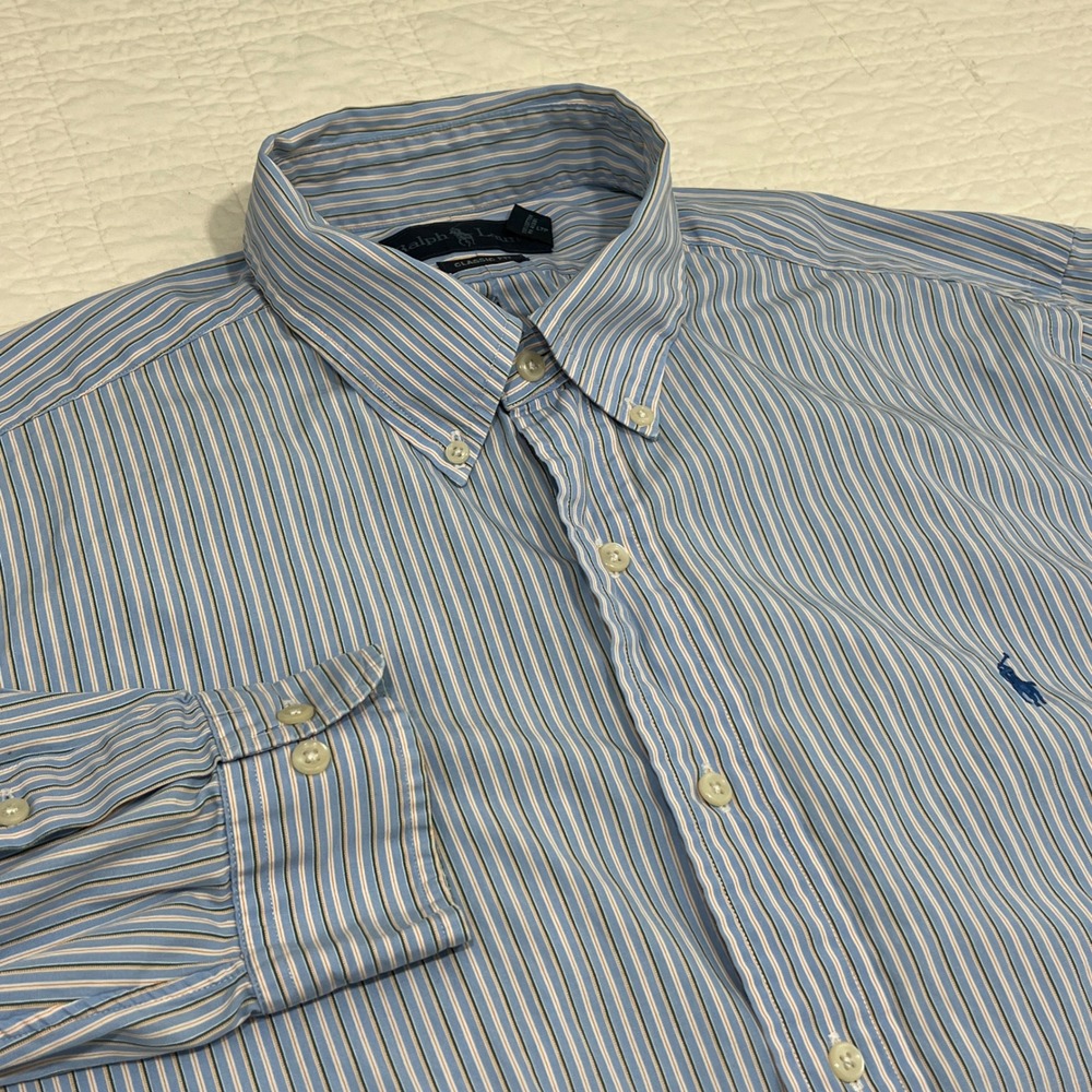 Ralph Lauren Classic Fit Blue Striped Button Down Shirt Mens 16.5 L *READ